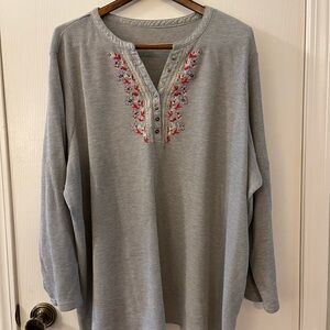 Woman Within Light Gray Embroidered Long Sleeve Tee